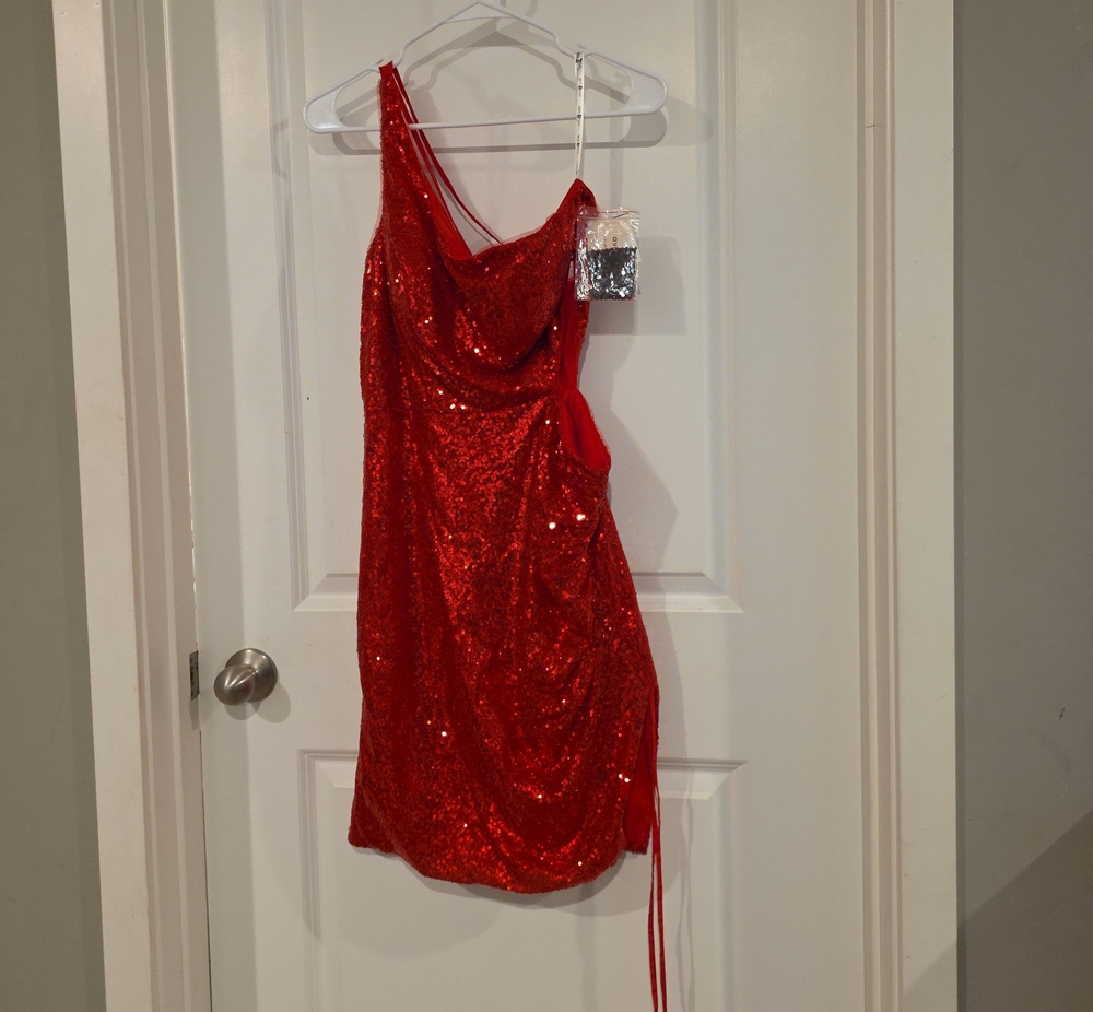 One-Shoulder Red Sequin Mini Dress